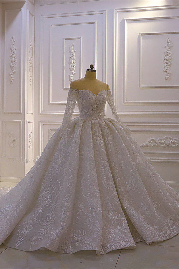 Luxurious Ball Gown Long Sleevess 3D Lace Sweetheart Long Wedding Dresses - Image 2