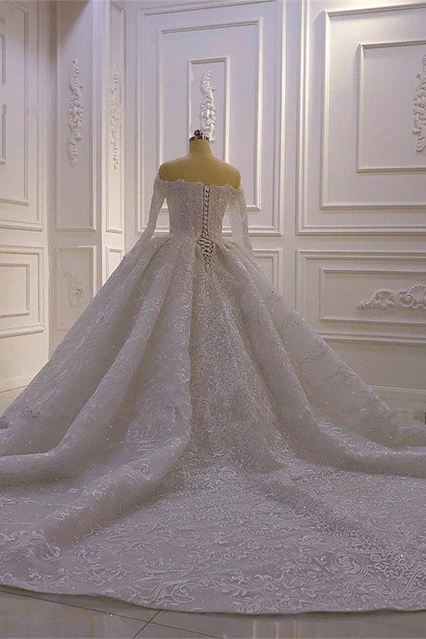 Luxurious Ball Gown Long Sleevess 3D Lace Sweetheart Long Wedding Dresses - Image 4