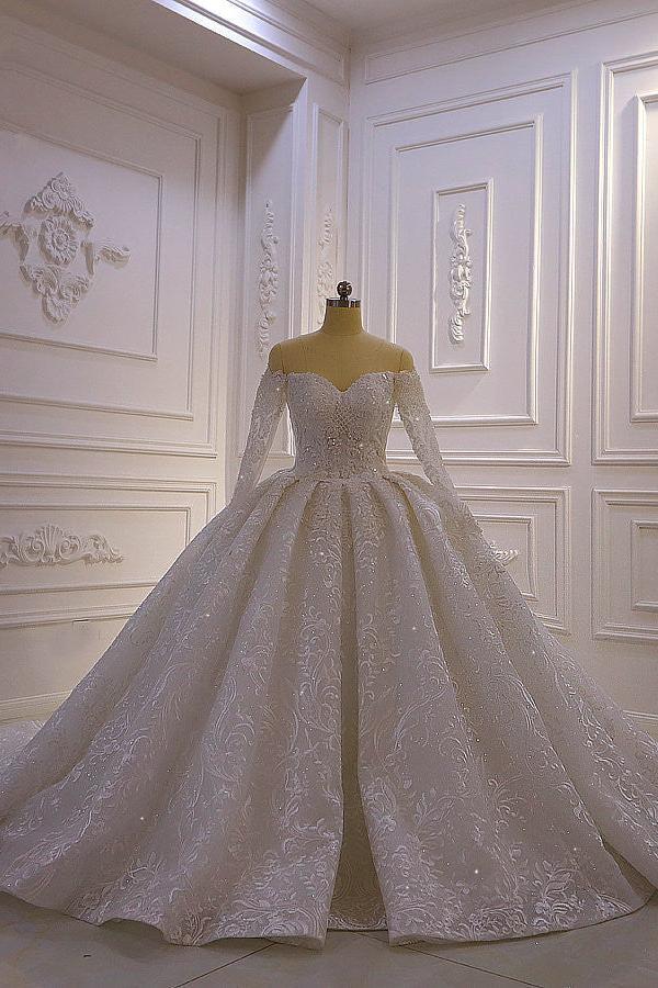 Luxurious Ball Gown Long Sleevess 3D Lace Sweetheart Long Wedding Dresses - Image 6