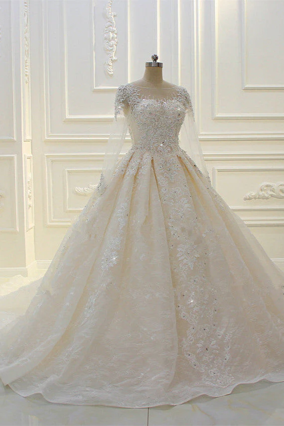 Luxurious Ball Gown Long Sleevess Lace Applqiues Beadings Wedding Dress - Image 2