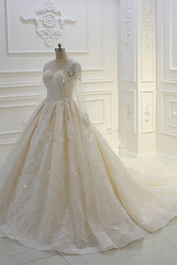 Luxurious Ball Gown Long Sleevess Lace Applqiues Beadings Wedding Dress - Image 3