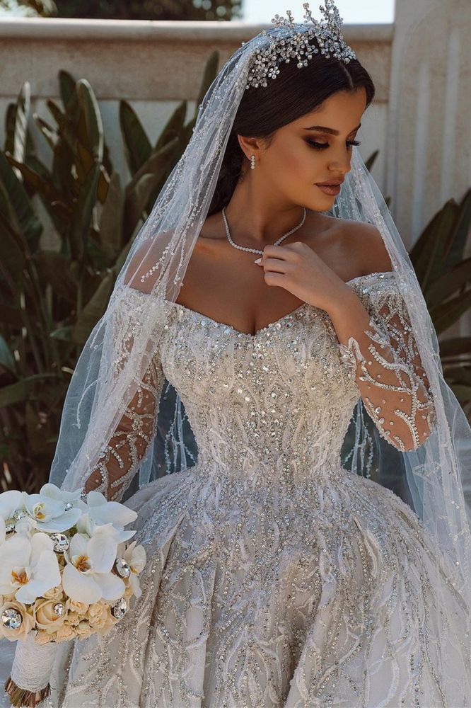 Luxurious Ball Gown Sequins Bridal Dress Long Sleeves Satin Maxi Dress - Image 2