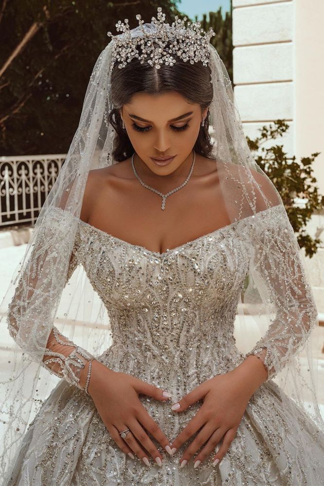 Luxurious Ball Gown Sequins Bridal Dress Long Sleeves Satin Maxi Dress - Image 3