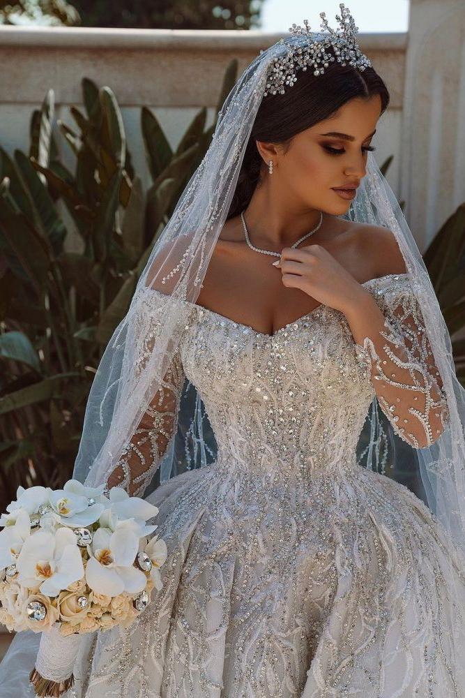 Luxurious Ball Gown Sequins Bridal Dress Long Sleeves Satin Maxi Dress - Image 5