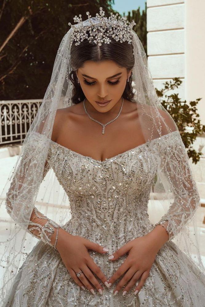 Luxurious Ball Gown Sequins Bridal Dress Long Sleeves Satin Maxi Dress - Image 6