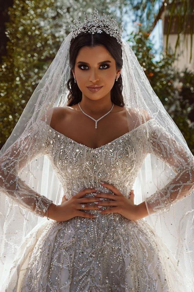 Luxurious Ball Gown Sequins Bridal Dress Long Sleeves Satin Maxi Dress - Image 7