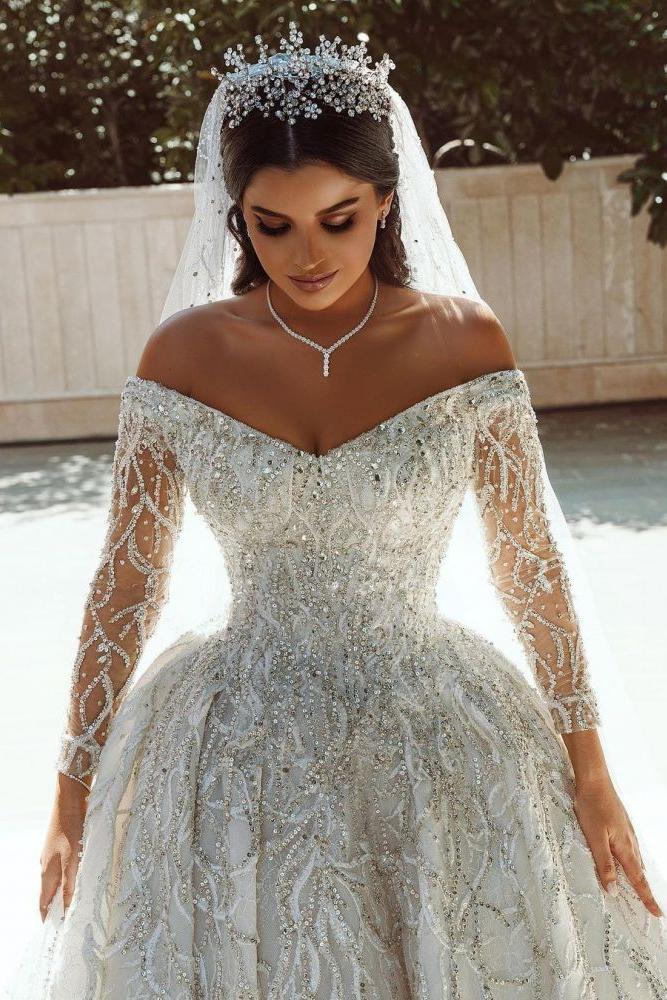 Luxurious Ball Gown Sequins Bridal Dress Long Sleeves Satin Maxi Dress - Image 8