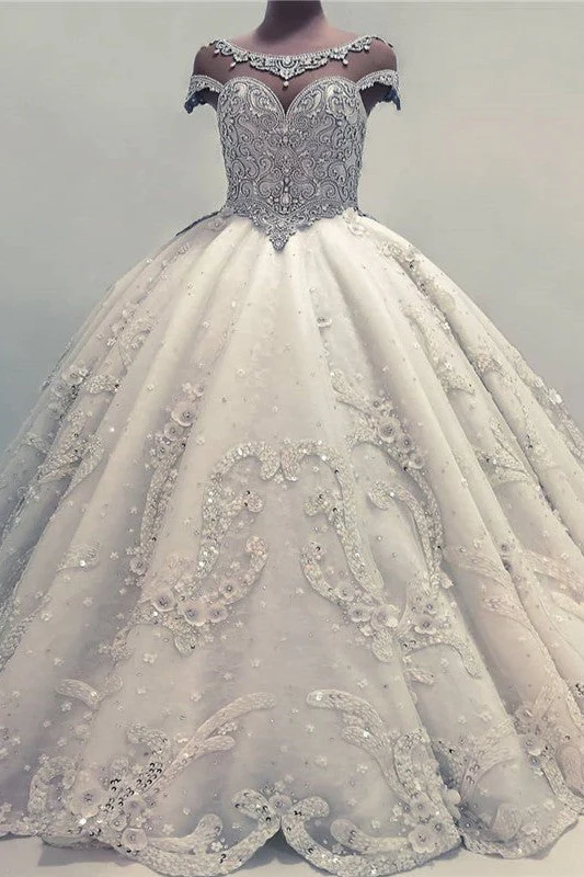 Luxurious Ball Gown Wedding Dresses Shiny Crystals Bridal Gowns with Flowers - Image 3