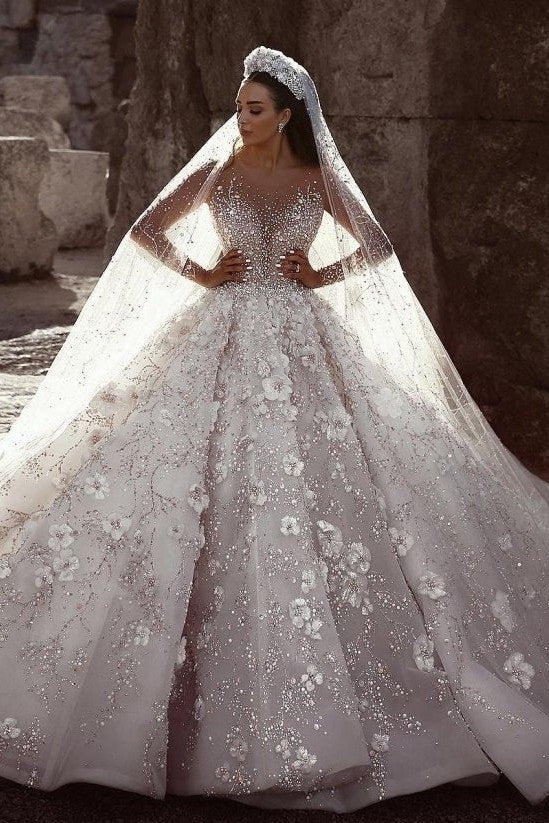 Luxurious Beading Floral Bridal Gowns Sheer Neck Long Sleevess Ball Gown Wedding Dresses - Image 2