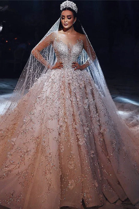 Luxurious Beading Floral Bridal Gowns Sheer Neck Long Sleevess Ball Gown Wedding Dresses - Image 3
