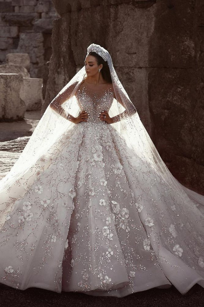 Luxurious Beading Floral Bridal Gowns Sheer Neck Long Sleevess Ball Gown Wedding Dresses - Image 4