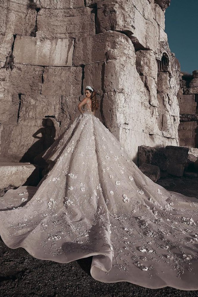 Luxurious Beading Floral Bridal Gowns Sheer Neck Long Sleevess Ball Gown Wedding Dresses - Image 5
