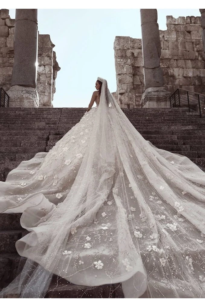 Luxurious Beading Floral Bridal Gowns Sheer Neck Long Sleevess Ball Gown Wedding Dresses - Image 7