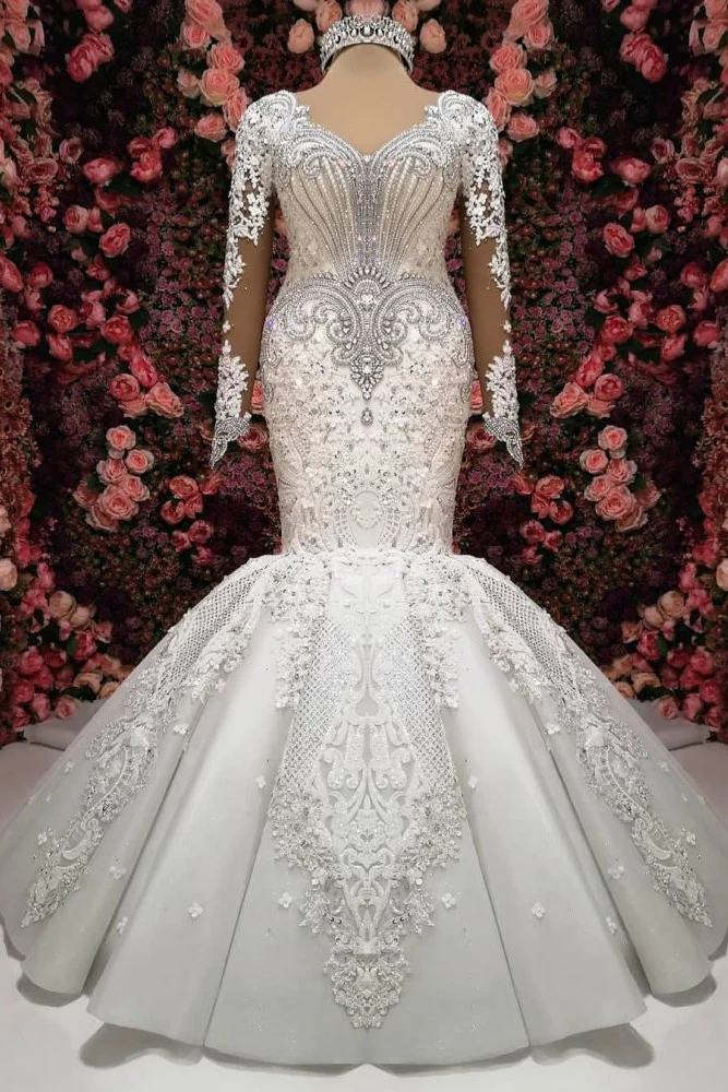 Luxurious Crystals Mermaid Bridal Gowns Long Sleevess Chapel Train Wedding Dresses - Image 2