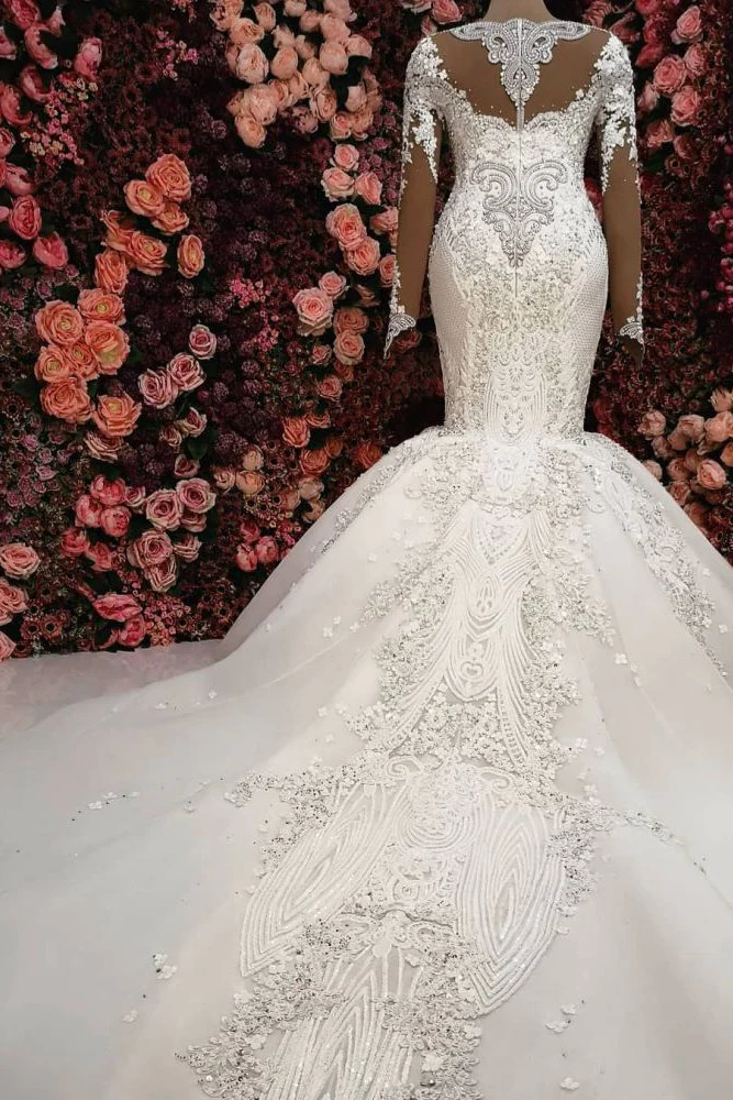 Luxurious Crystals Mermaid Bridal Gowns Long Sleevess Chapel Train Wedding Dresses - Image 3