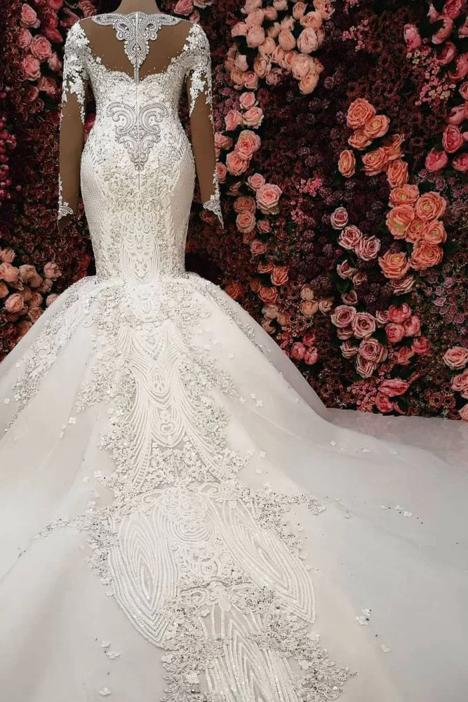 Luxurious Crystals Mermaid Bridal Gowns Long Sleevess Chapel Train Wedding Dresses - Image 4