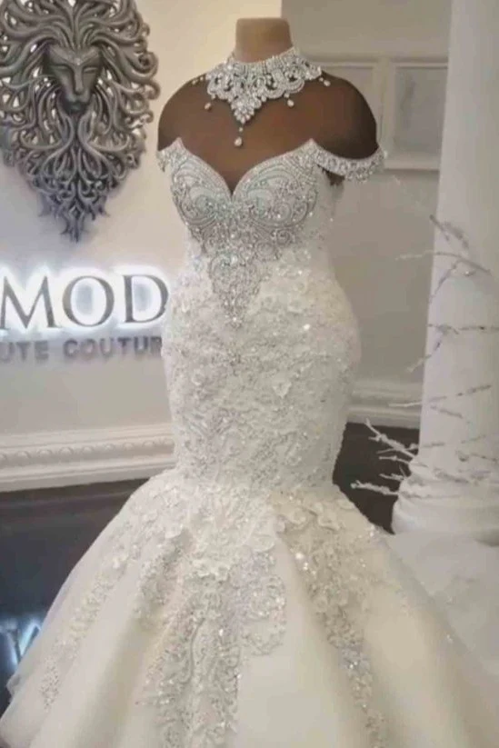 Luxurious Crystals Mermaid Wedding Dresses Off the Shoulder Appliques Bridal Gowns - Image 3