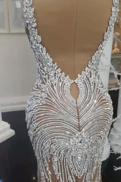 Luxurious Crystals Mermaid Wedding Dresses V Neck Backless Champagne Bridal Gowns - Image 3