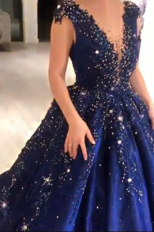 Luxurious Dark Navy Deep V-neck Cap sleeves Ball Gown Sparkle Beaded Prom Dresses - Image 2