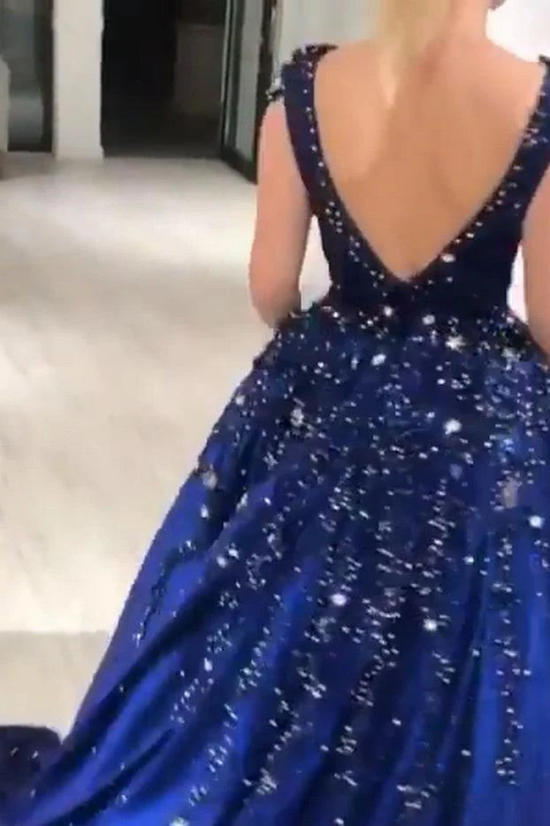 Luxurious Dark Navy Deep V-neck Cap sleeves Ball Gown Sparkle Beaded Prom Dresses - Image 3