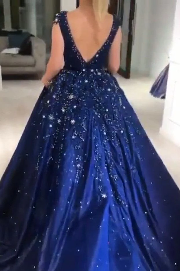 Luxurious Dark Navy Deep V-neck Cap sleeves Ball Gown Sparkle Beaded Prom Dresses - Image 5