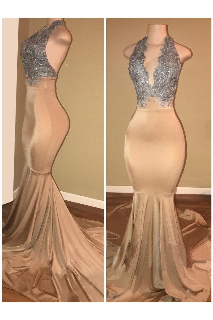Luxurious Halter Sleeveless Lace Applique Mermaid Prom Dresses - Image 2