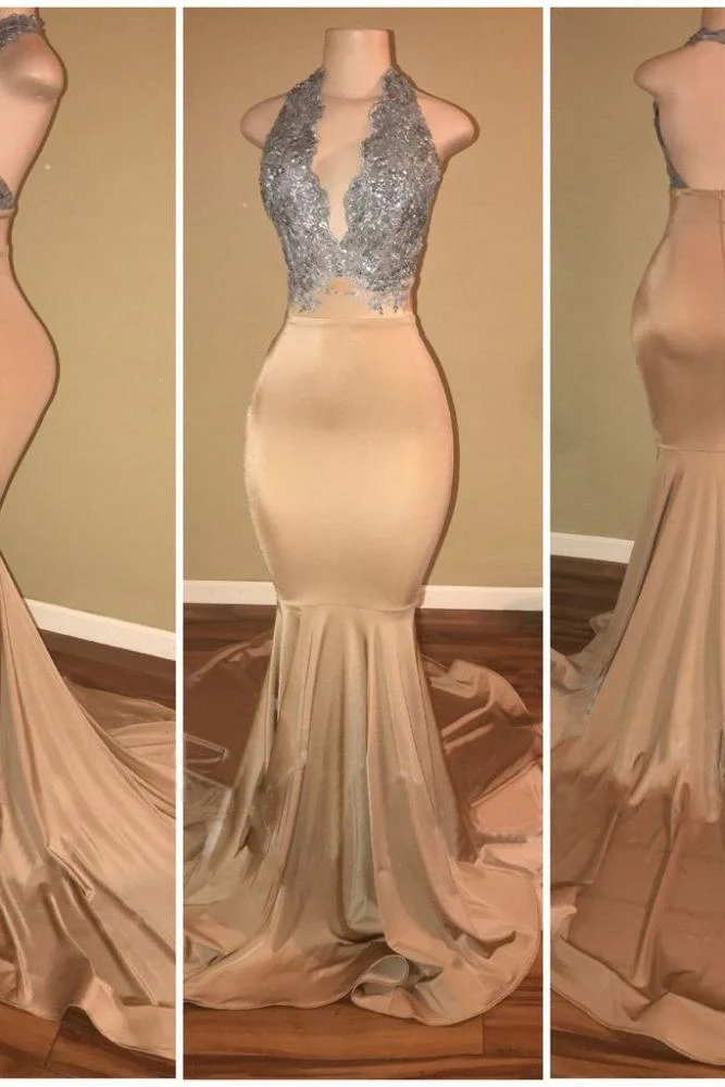 Luxurious Halter Sleeveless Lace Applique Mermaid Prom Dresses - Image 3