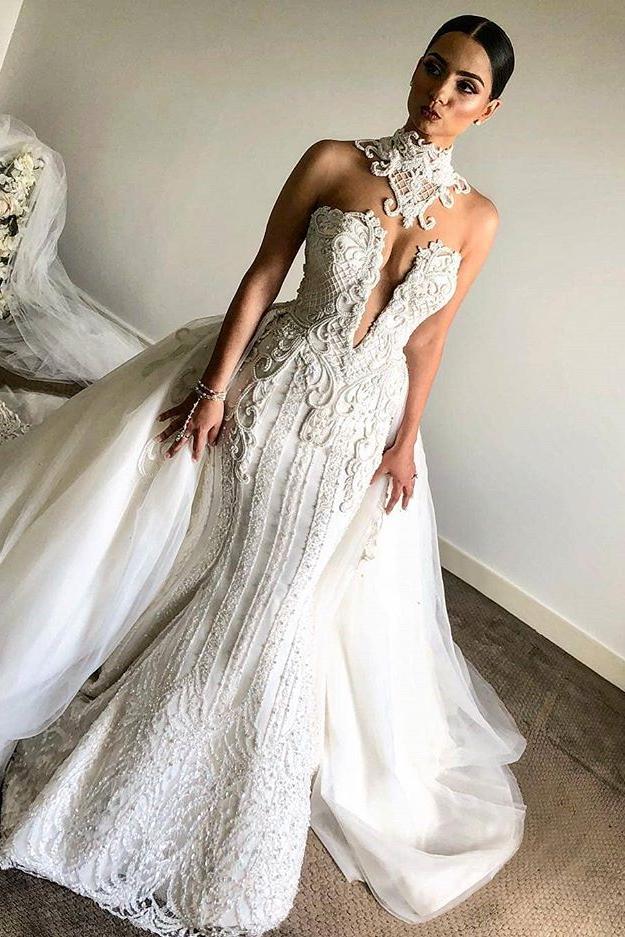 Luxurious High Neck Mermaid Sleeveless Wedding DressNew Arrival Lace Appliques Overskirt Bridal Gown - Image 2