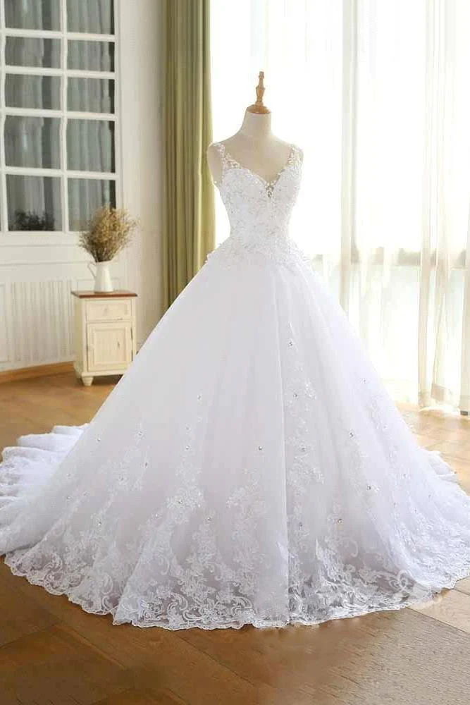 Luxurious Lace Beaded Wedding Dresses New Arrival V Neck Straps Long Ball Gown Wedding Party Bridal Dress - Image 3