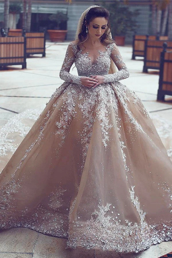 Luxurious Long Sleeve Beadings Ball Gown Appliques Wedding Dress - Image 2