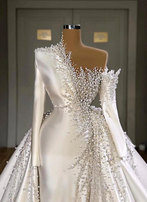 Luxurious Long Sleeve Pearls Overskirt Wedding Dress Online - Image 2