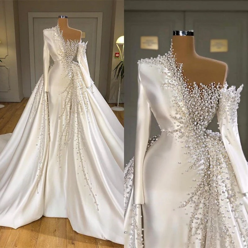 Luxurious Long Sleeve Pearls Overskirt Wedding Dress Online - Image 3