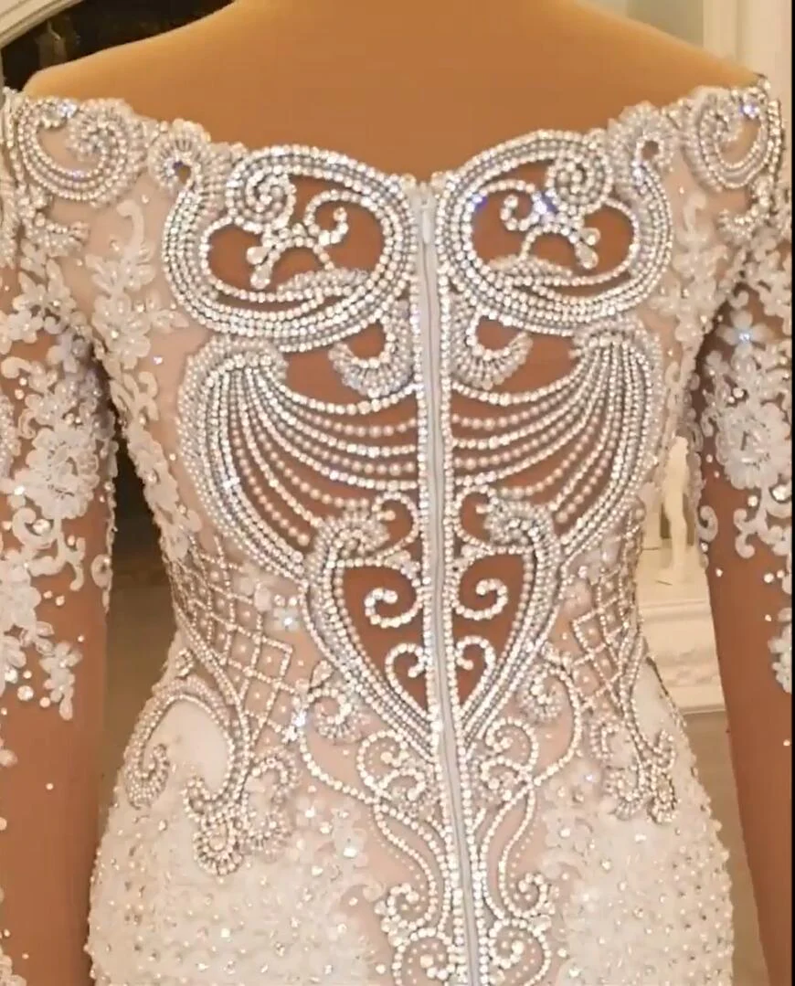 Luxurious Long Sleeves Crystal Wedding Dress Lace With Overskirt - Image 3