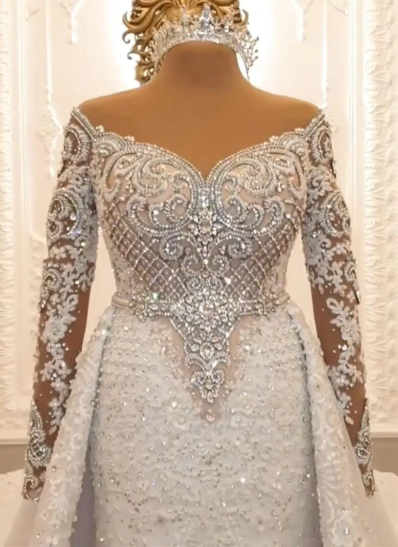 Luxurious Long Sleeves Crystal Wedding Dress Lace With Overskirt - Image 4