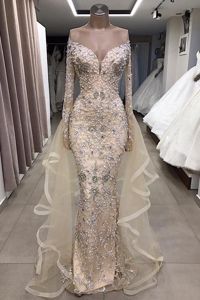 Luxurious Long Sleeves off-the-shoulder Prom Party Gowns with fully-covered beads - Image 2