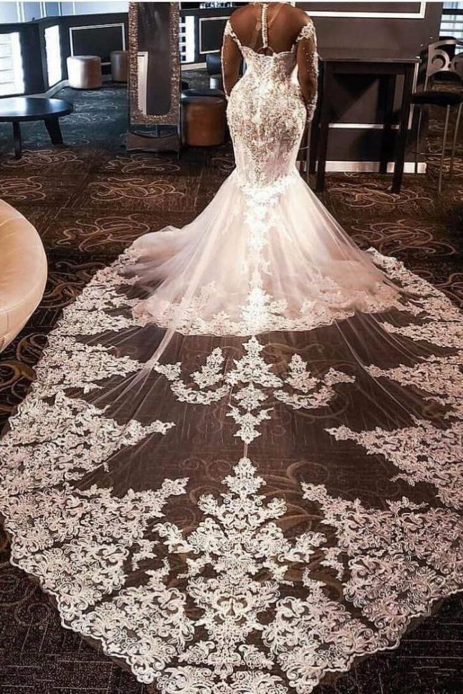 Luxurious Long Sleevess Beading Appliques Rhinestones Mermaid Wedding Dress with Sweep Train - Image 2