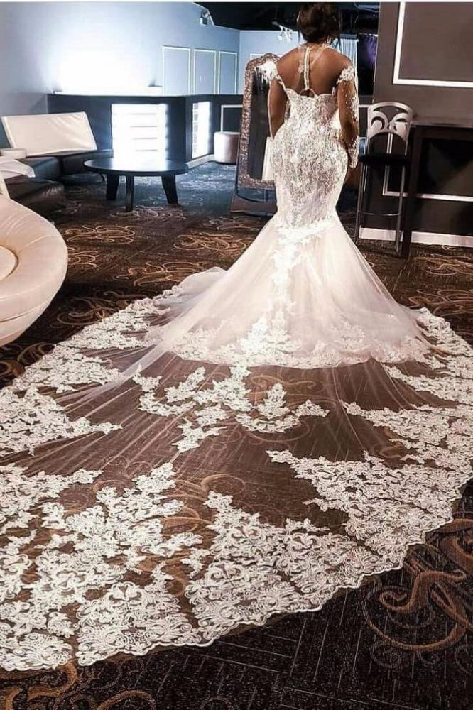 Luxurious Long Sleevess Beading Appliques Rhinestones Mermaid Wedding Dress with Sweep Train - Image 3