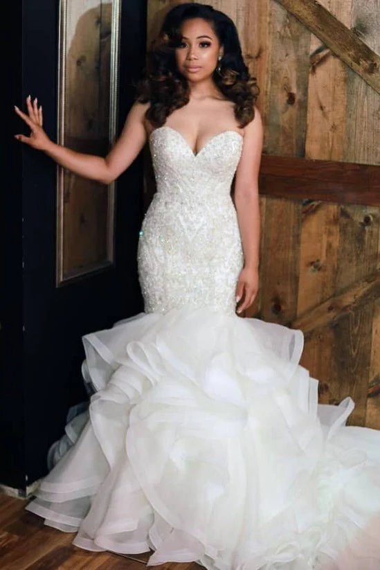 Luxurious Mermaid Beading Wedding Dresses Sweetheart Neck Ruffless Skirt Bridal Gowns - Image 2