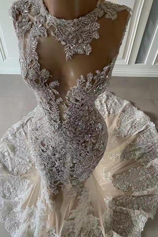 Luxurious Mermaid Lace Appliques Wedding Dress Sheer Skirt - Image 2