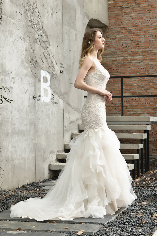 Luxurious Mermaid Ivory V neck Spring Lace Wedding Dress with Ruffless Train - Image 10