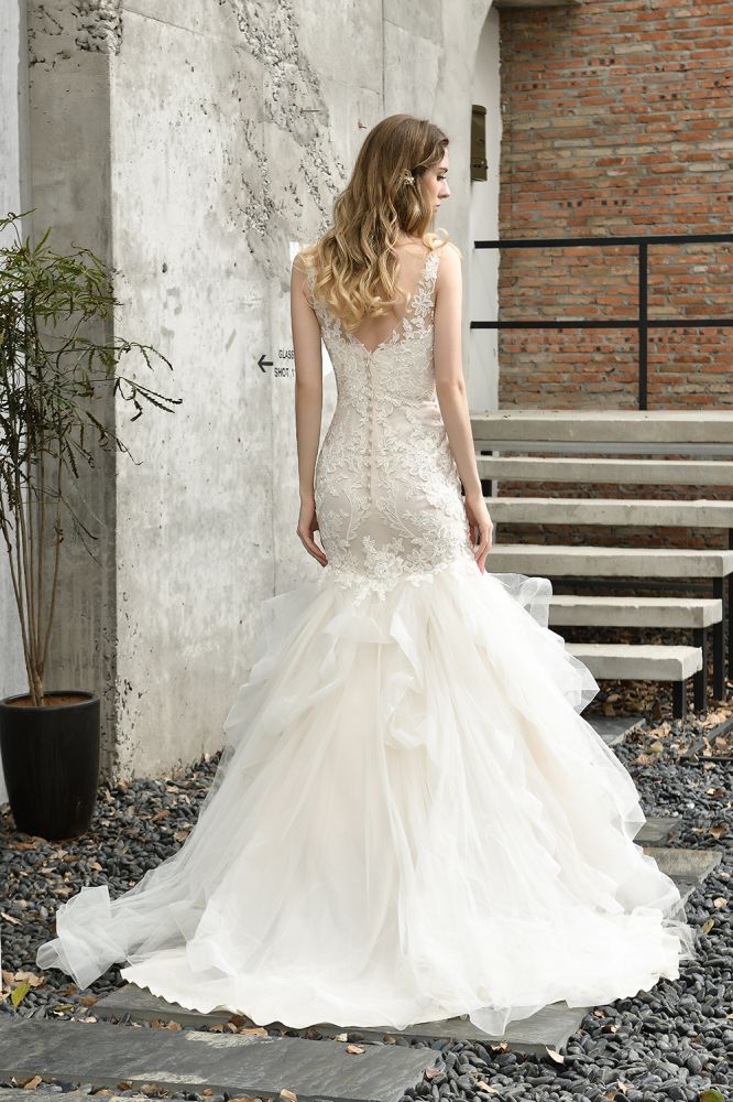 Luxurious Mermaid Ivory V neck Spring Lace Wedding Dress with Ruffless Train - Image 2