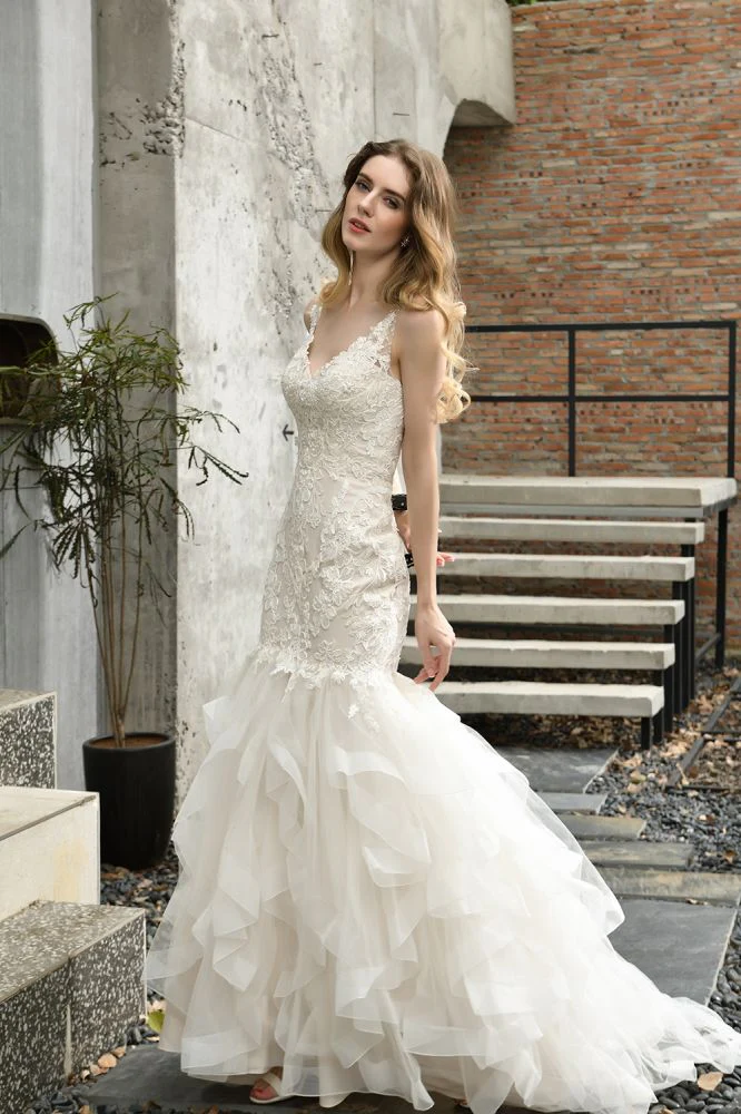 Luxurious Mermaid Ivory V neck Spring Lace Wedding Dress with Ruffless Train - Image 3