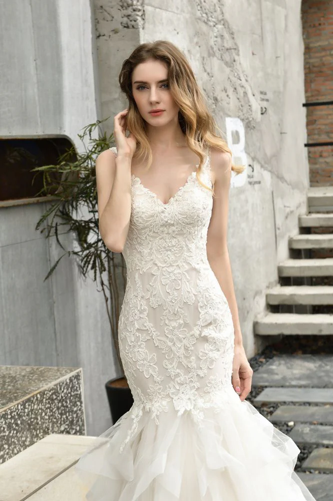 Luxurious Mermaid Ivory V neck Spring Lace Wedding Dress with Ruffless Train - Image 4