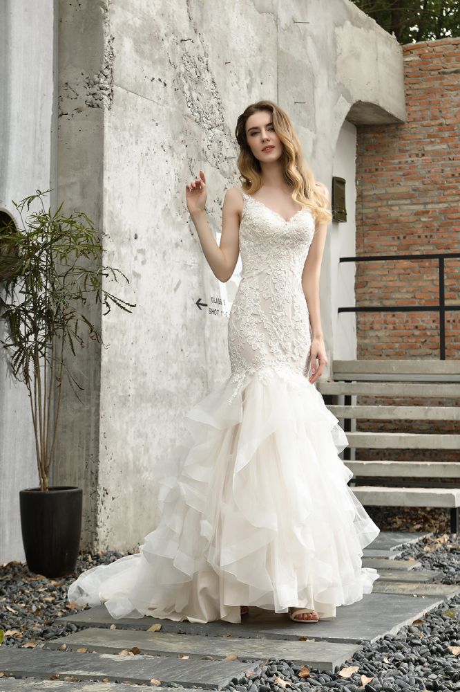 Luxurious Mermaid Ivory V neck Spring Lace Wedding Dress with Ruffless Train - Image 5