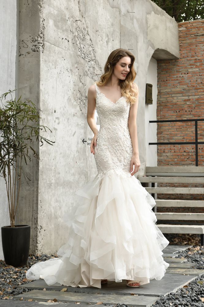 Luxurious Mermaid Ivory V neck Spring Lace Wedding Dress with Ruffless Train - Image 6
