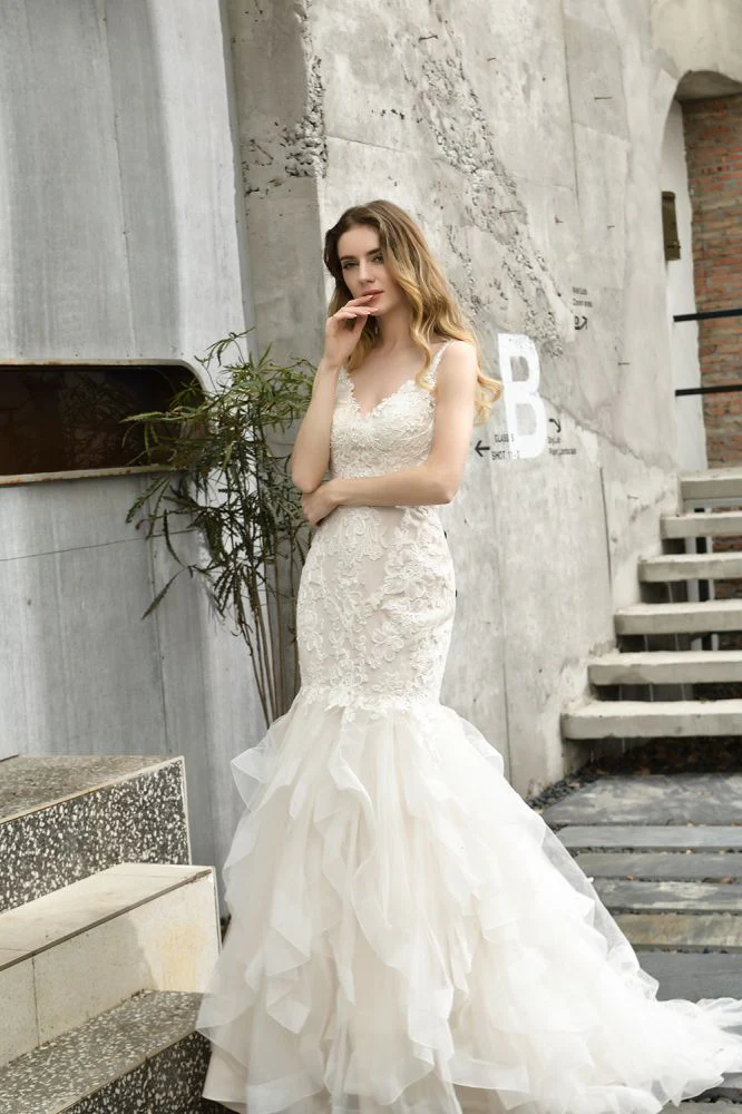 Luxurious Mermaid Ivory V neck Spring Lace Wedding Dress with Ruffless Train - Image 7