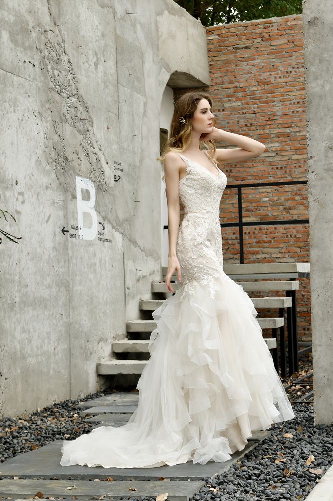 Luxurious Mermaid Ivory V neck Spring Lace Wedding Dress with Ruffless Train - Image 8