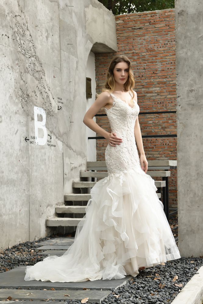 Luxurious Mermaid Ivory V neck Spring Lace Wedding Dress with Ruffless Train - Image 9