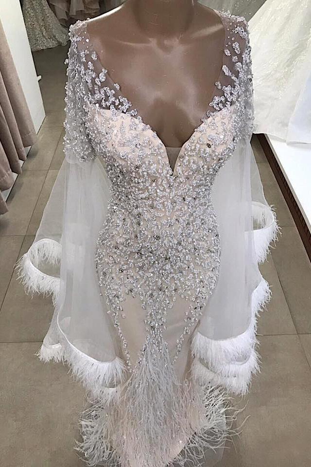 Luxurious Mermaid V-neck Long Sleevess Crystal Floor Length Prom Dresses With Tassels - Image 2