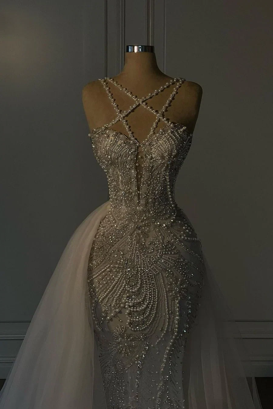 Luxurious Mermaid V-neck Spaghetti Strap Complicated Beaded Over-skirt Wedding Dresses - Image 2